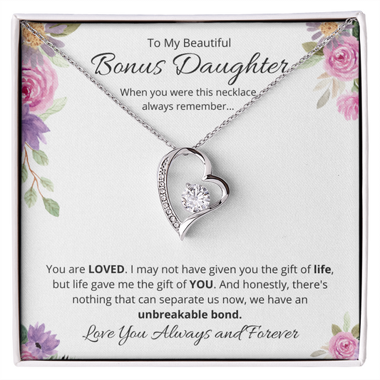 To My Beautiful Bonus Daughter | White Gold Forever Love Necklace